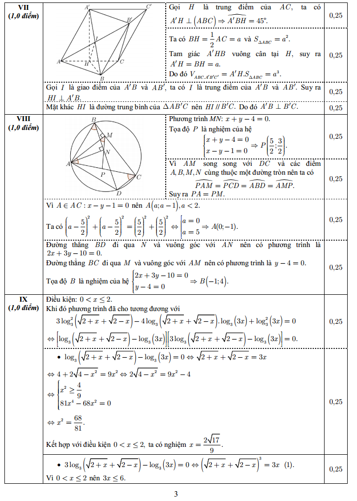 dap an de thi thpt quoc gia mon Toan cau 7 cau 8 cau 9
