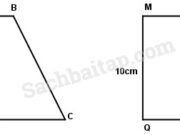 Bài 1, 2, 3, 4 trang 103 VBT Toán 5 tập 2: Hình thang ABCD có chiều cao bằng chiều rộng của hình chữ nhật MNPQ. Biết hai hình đó có diện tích bằng nhau và có kích thước như hình dưới đây. Tính chiều cao của hình chữ nhật