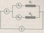 Bài 5.1, 5.2, 5.3, 5.4 trang 13 Sách BT Lý 9: Cho mạch điện có sơ đồ hình 5.3, trong đó R1=20Ω, R2=30Ω, ampe kế chỉ 1,2A, tính số chỉ của các ampe kế A1 và A2